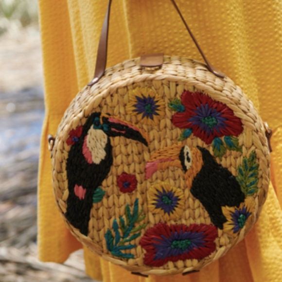 Anthropologie Handbags - Toucan- Embroidered Straw Crossbody